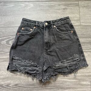 Topshop A-Line Black/Gray Distressed Denim Shorts